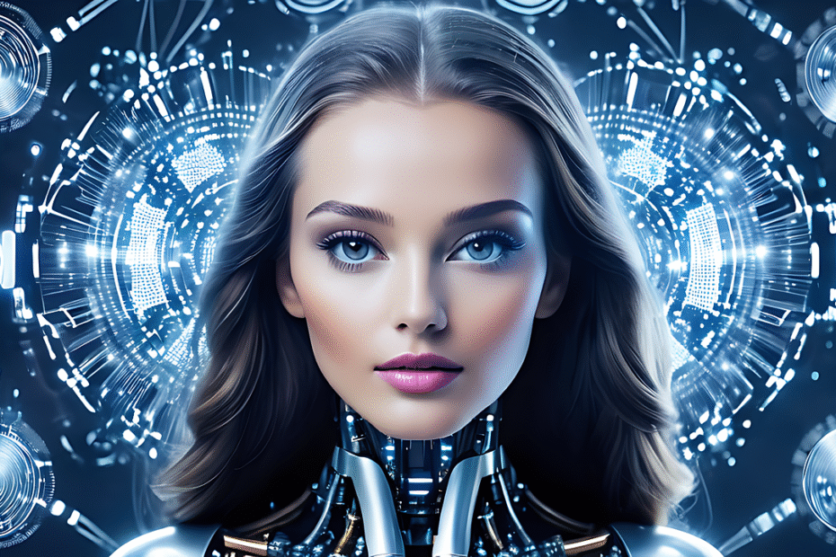 Mulher com aparência futurista e traços robóticos, posicionada ao centro de um cenário digital com hologramas e elementos tecnológicos em azul brilhante ao fundo. A figura representa uma fusão entre inteligência artificial e estética humana em um ambiente de alta tecnologia.