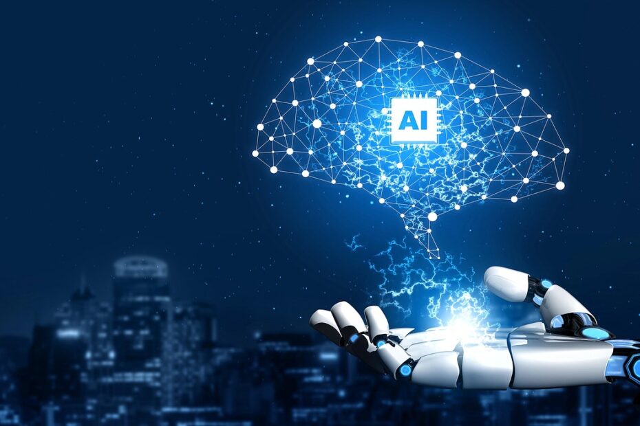 Ilustração de uma mão robótica segurando uma rede neural em formato de cérebro com o símbolo de IA, representando a inteligência artificial no ambiente urbano e tecnológico.
