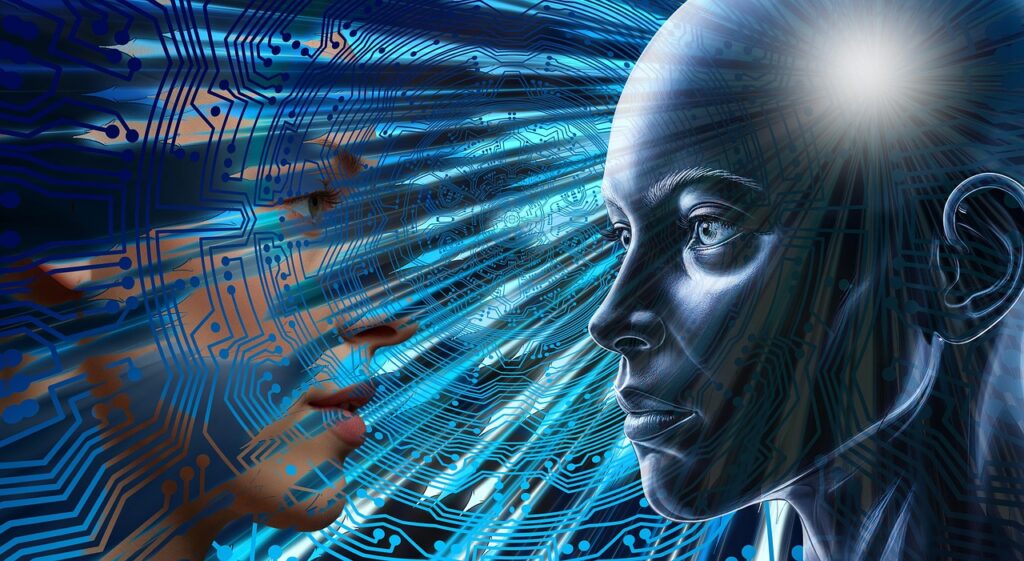 Ilustração conceitual de um rosto humanoide interagindo com circuitos e feixes de luz, representando o processamento de dados e a tomada de decisão por algoritmos de inteligência artificial.