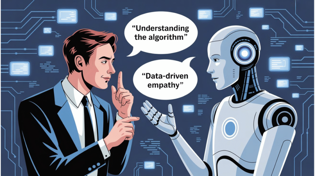 Ilustração de um homem e um robô humanoide trocando ideias com balões de fala. O humano diz “Understanding the algorithm” e o robô responde “Data-driven empathy”, simbolizando o diálogo entre lógica humana e inteligência artificial baseada em dados.