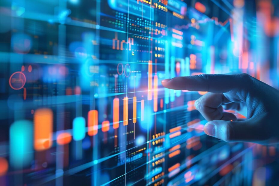 Mão interagindo com uma tela digital repleta de gráficos e dados, representando o uso da inteligência artificial e algoritmos na análise e tomada de decisão.