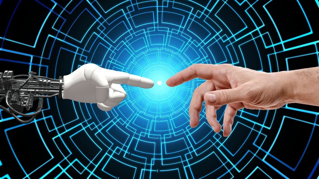 Mão humana e mão robótica se aproximando, simbolizando a conexão entre humanos e inteligência artificial em um ambiente digital futurista.