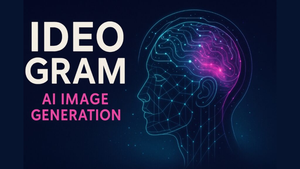 Ilustração digital com o texto “Ideogram AI Image Generation” ao lado de um cérebro estilizado com conexões neurais, representando o uso de inteligência artificial na criação de imagens.