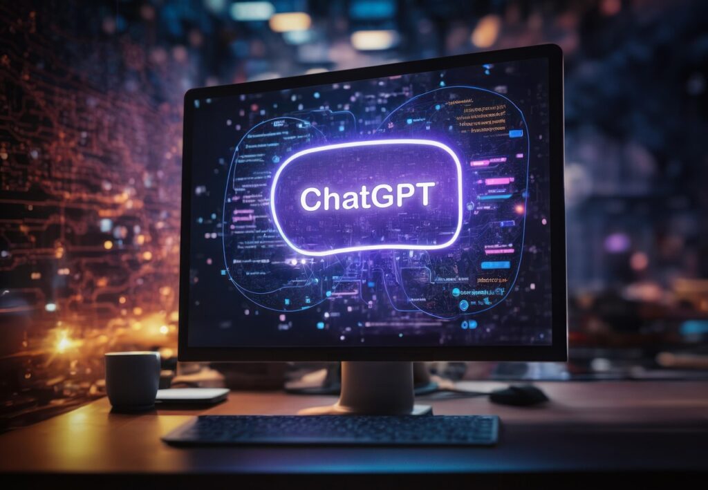 Tela de computador exibindo a palavra ChatGPT em destaque, simbolizando o impacto da inteligência artificial generativa no ambiente de trabalho e na tecnologia.