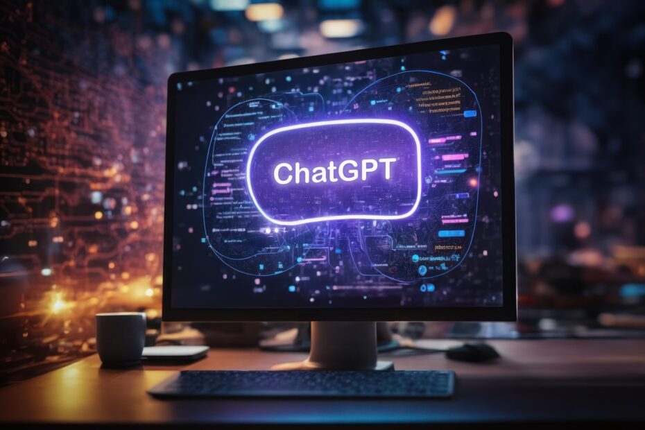 Tela de computador exibindo a palavra ChatGPT em destaque, simbolizando o impacto da inteligência artificial generativa no ambiente de trabalho e na tecnologia.