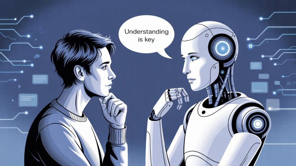 Ilustração de um ser humano e um robô humanoide conversando frente a frente, ambos em pose reflexiva, com o balão de fala do robô dizendo "Understanding is key", representando a importância da comunicação entre humanos e inteligências artificiais.