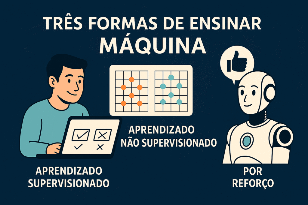 Ilustração explicando três formas de ensinar uma máquina: aprendizado supervisionado (com exemplos rotulados), aprendizado não supervisionado (com agrupamento de dados) e aprendizado por reforço (com feedback positivo).