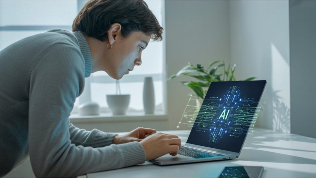 Pessoa usando notebook com a palavra AI na tela, representando o uso cotidiano da inteligência artificial e aplicações práticas como o ChatGPT.