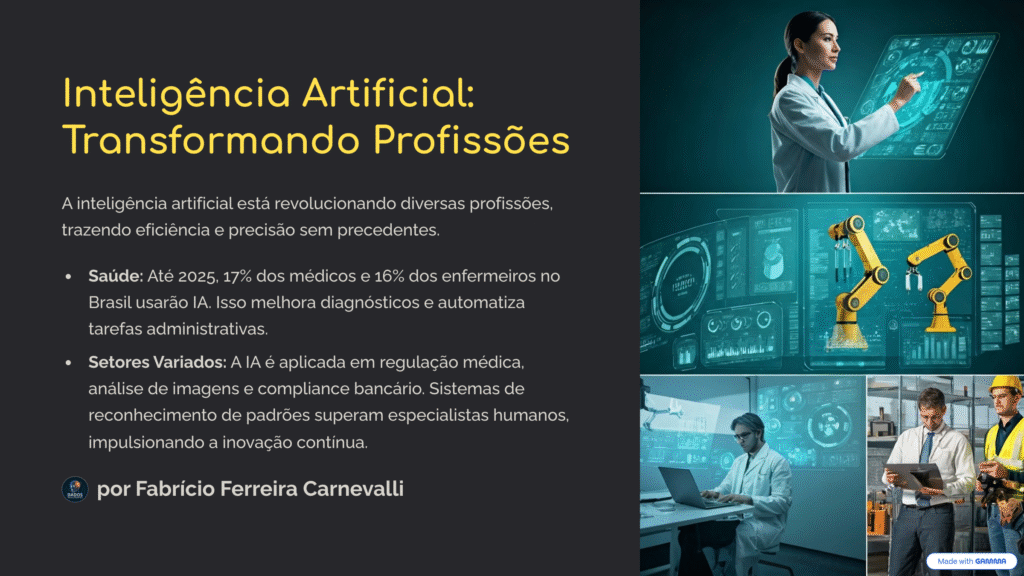 Representação de setores como saúde, indústria farmacêutica, bancos e construção civil utilizando ferramentas de inteligência artificial. A imagem mostra profissionais trabalhando com interfaces inteligentes, robôs e sistemas preditivos, refletindo a aplicação prática da IA em diferentes áreas da engenharia.