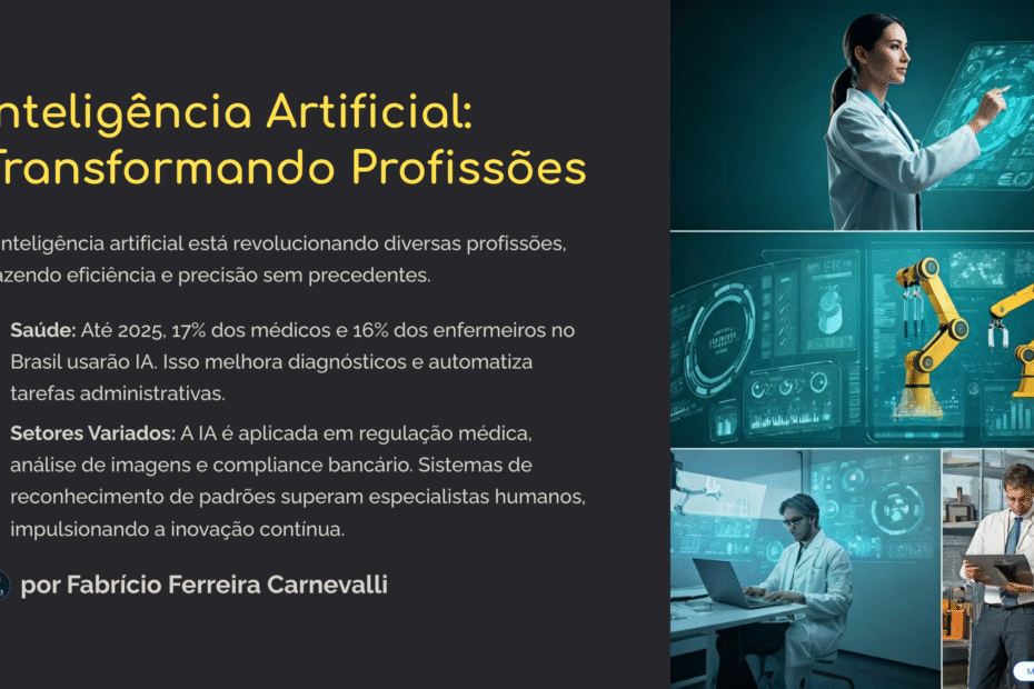 Imagem sobre o impacto da inteligência artificial nas profissões, com destaque para aplicações em saúde, engenharia, automação industrial e análise de dados.