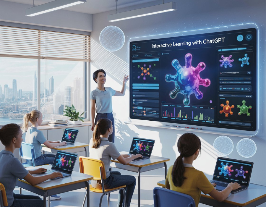 Sala de aula moderna com alunos usando laptops e uma professora interagindo com uma tela digital mostrando gráficos e o título ‘Interactive Learning with ChatGPT’, representando o uso da inteligência artificial na educação.
