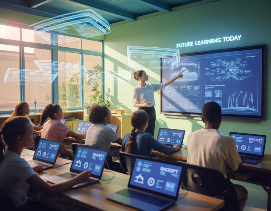Sala de aula futurista com alunos usando laptops e uma professora apresentando gráficos e fluxogramas em uma grande tela digital, com destaque para o texto ‘Future Learning Today’, simbolizando o uso de inteligência artificial e tecnologia no ensino.
