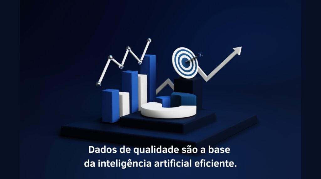 Gráfico 3D com barras, pizza e alvo com flecha, simbolizando o uso de dados de qualidade como base para agentes de inteligência artificial eficientes.