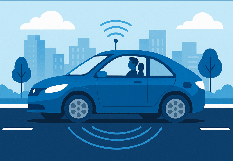 Ilustração moderna de um carro autônomo em movimento, com sinais de sensor e comunicação, representando tecnologias de Deep Learning aplicadas em veículos.
