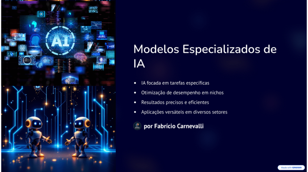Imagem com o título “Modelos Especializados de IA”, destacando benefícios como precisão, otimização por nicho e aplicações em diversos setores, com visual moderno e robôs representando agentes de inteligência artificial.