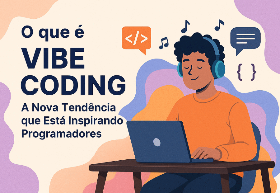 Ilustração digital de um jovem programador praticando Vibe Coding com estilo criativo e descontraído, em um ambiente moderno de programação.