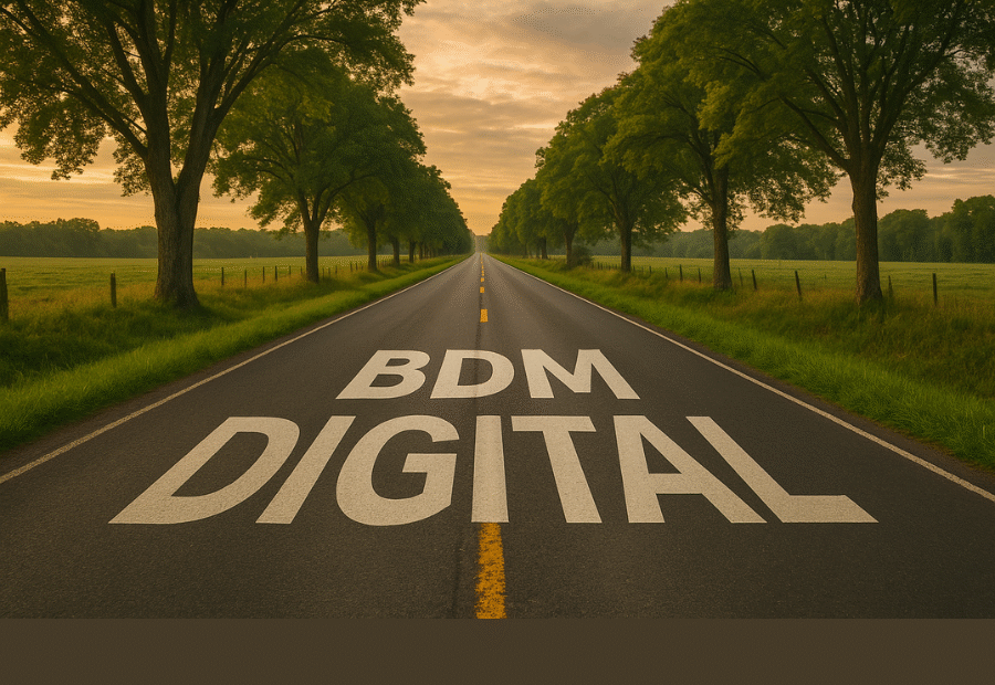 Estrada longa e arborizada com o nome "BDM Digital" escrito no asfalto, representando o caminho da tecnologia blockchain no Brasil.