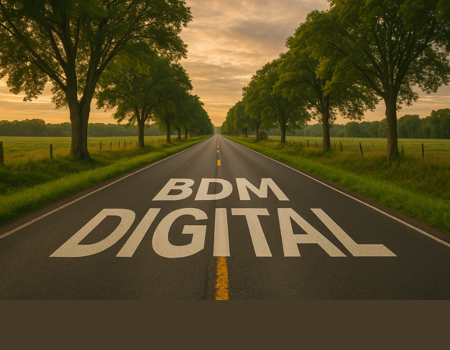 Estrada longa e arborizada com o nome "BDM Digital" escrito no asfalto, representando o caminho da tecnologia blockchain no Brasil.