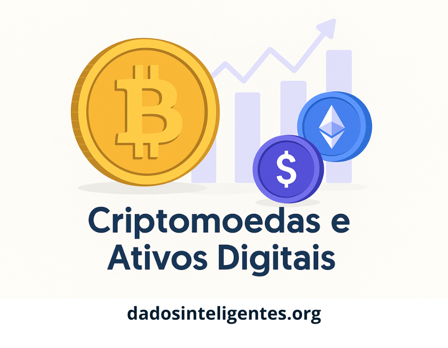 Ilustração digital mostrando um Bitcoin dourado, uma moeda Ethereum e outra com cifrão, representando criptomoedas e ativos digitais, com gráfico de barras e linha ascendente ao fundo.