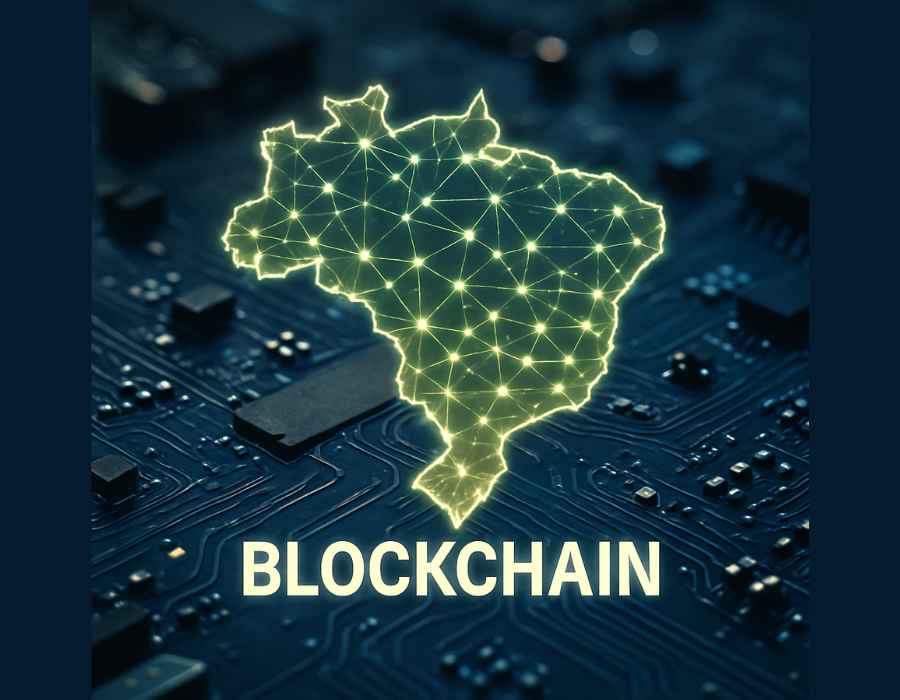Mapa do Brasil iluminado com nós de rede sobre uma placa de circuito, representando o funcionamento da blockchain nacional do BDM Digital.