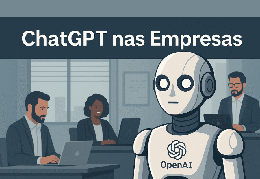 Ilustração digital mostra a integração do ChatGPT com o ambiente corporativo, representada por um robô humanoide interagindo em um escritório moderno, simbolizando o uso da inteligência artificial nas empresas.