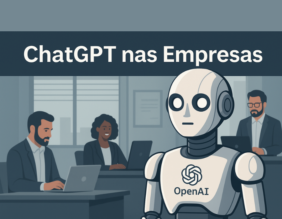 Ilustração digital mostra a integração do ChatGPT com o ambiente corporativo, representada por um robô humanoide interagindo em um escritório moderno, simbolizando o uso da inteligência artificial nas empresas.