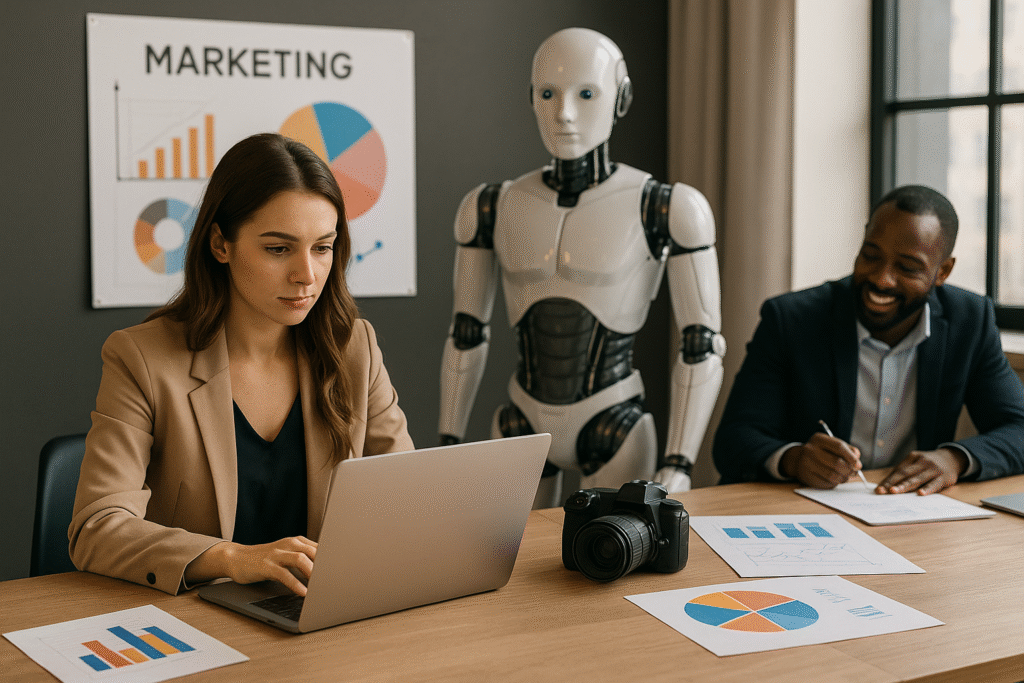 Profissionais de marketing colaborando em um escritório moderno, usando laptops e tablets para planejar campanhas, simbolizando como o ChatGPT impulsiona a criação de conteúdo e inovação em marketing.