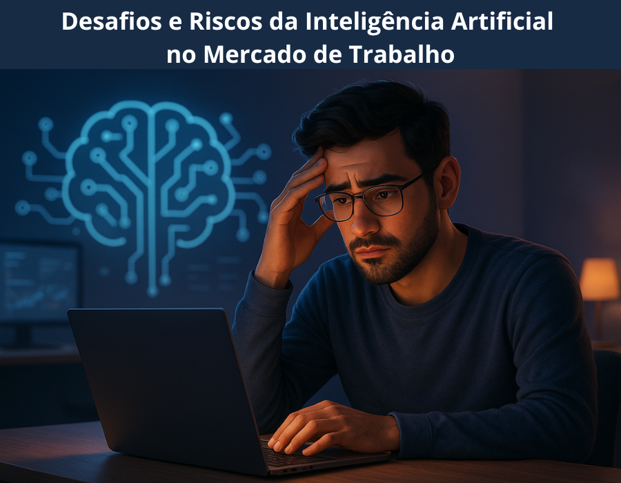 Profissional pensativo analisando gráficos e dados em um ambiente corporativo, representando os desafios e riscos da inteligência artificial no mercado de trabalho.