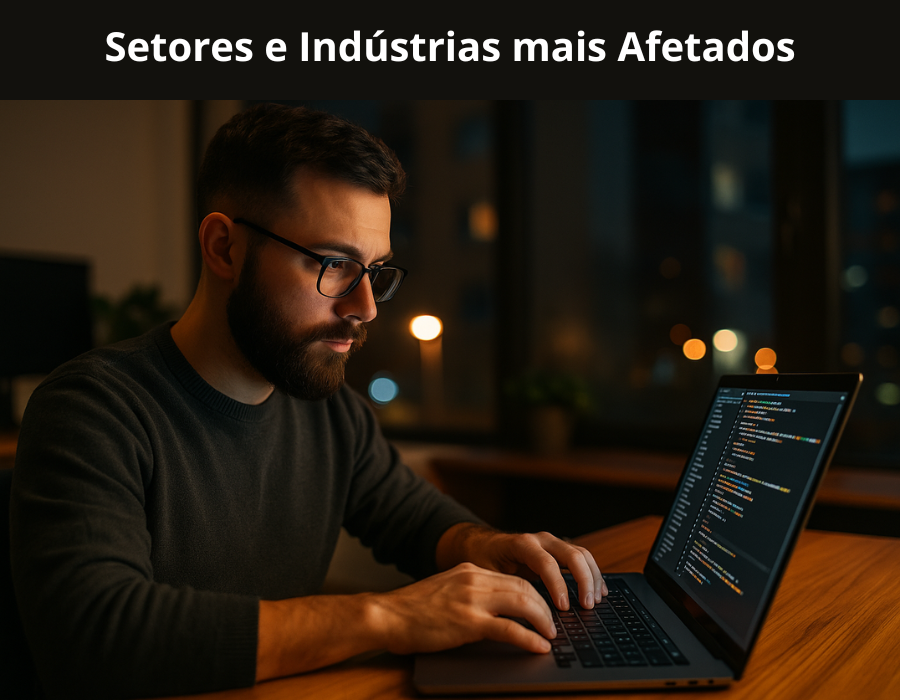Desenvolvedor sentado em uma mesa, trabalhando concentrado em seu laptop, representando profissionais impactados pela inteligência artificial.