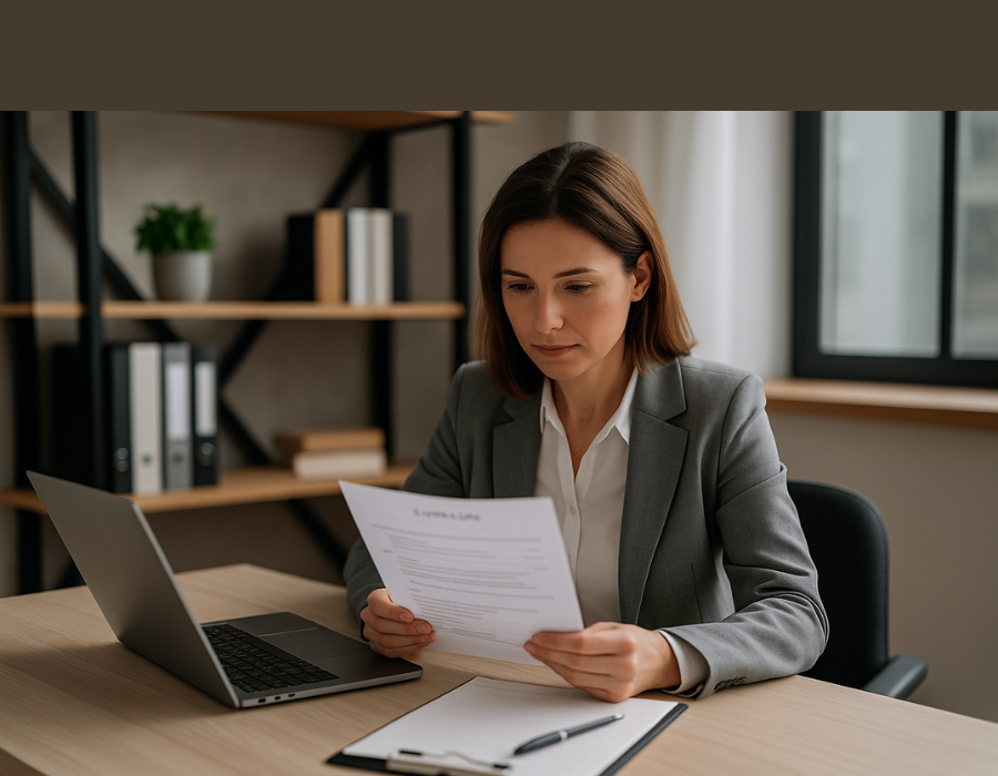Mulher profissional usando laptop para atualizar seu currículo, em um ambiente de trabalho moderno, representando a aplicação de dicas práticas para criar um currículo para inteligência artificial.