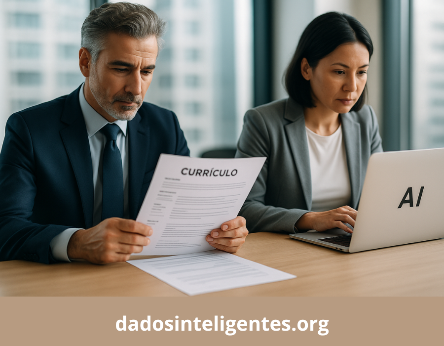 Dois profissionais analisando currículos diferentes: um impresso e outro digital otimizado para Inteligência Artificial, representando as diferenças entre os formatos em 2025.