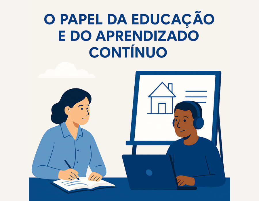 Ilustração representando duas pessoas em processo de aprendizado contínuo, simbolizando o papel da educação frente às mudanças no mercado de trabalho causadas pela inteligência artificial.
