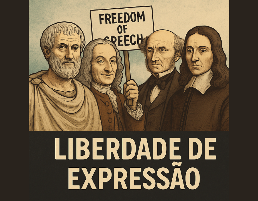Ilustração digital de quatro filósofos clássicos com expressões sérias e fundo escuro, representando a reflexão sobre a liberdade de expressão ao longo da história.
