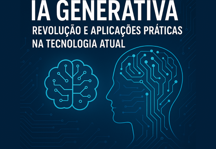 Imagem digital com o título IA Generativa, mostrando um cérebro e o perfil de um rosto formados por circuitos, representando a revolução e aplicações práticas da inteligência artificial na tecnologia atual.