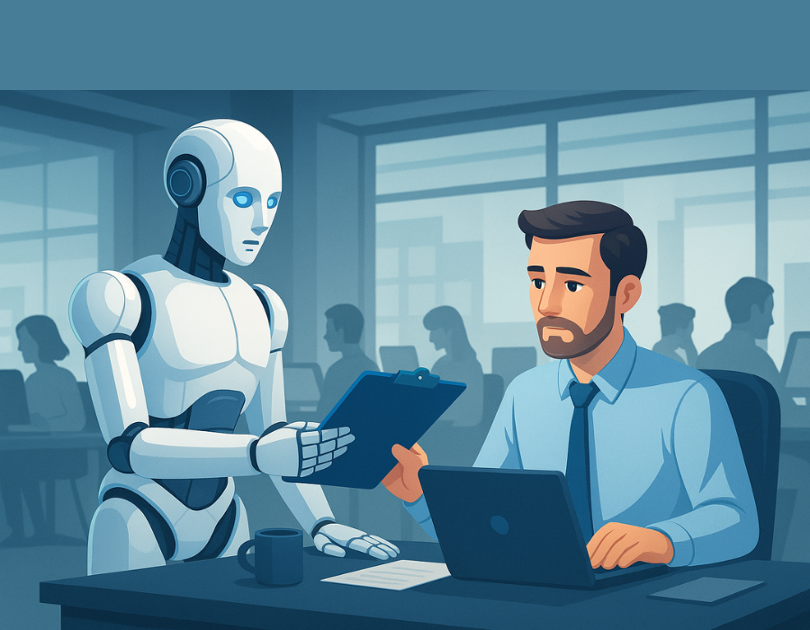 Humanoide interagindo com trabalhador em escritório, simbolizando o impacto dos robôs humanoides no mercado de trabalho até 2035