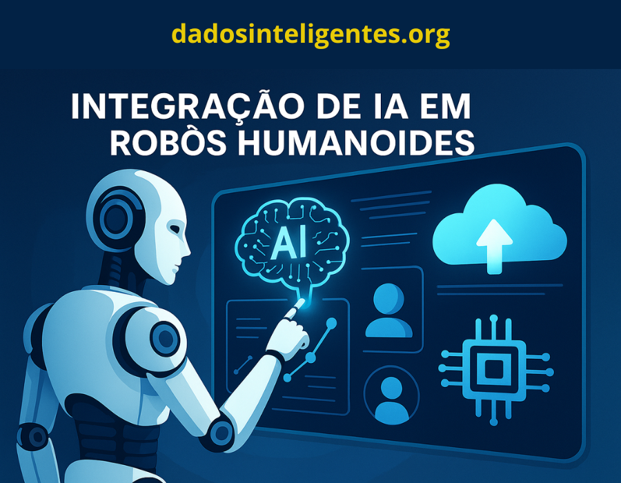 Integração de IA em robôs humanoides, mostrando um robô interagindo com interface digital e símbolos de inteligência artificial