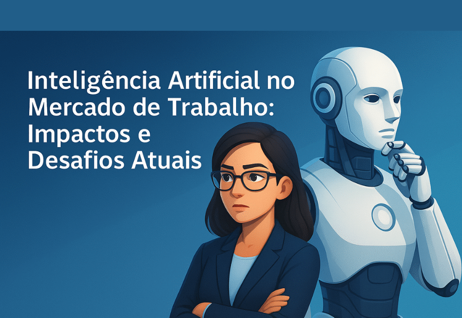 Ilustração mostrando profissional e robôs simbolizando o impacto da inteligência artificial no mercado de trabalho.