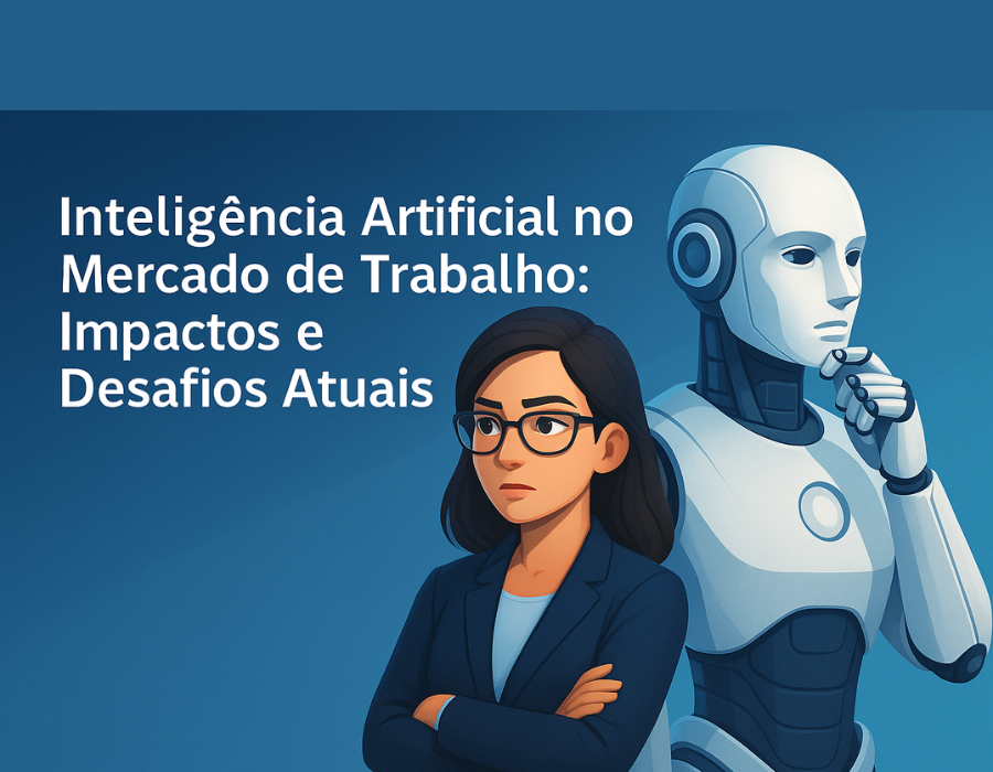 Ilustração mostrando profissional e robôs simbolizando o impacto da inteligência artificial no mercado de trabalho.