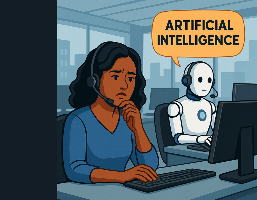 Atendimento de telemarketing sendo substituído por inteligência artificial em um ambiente corporativo moderno.