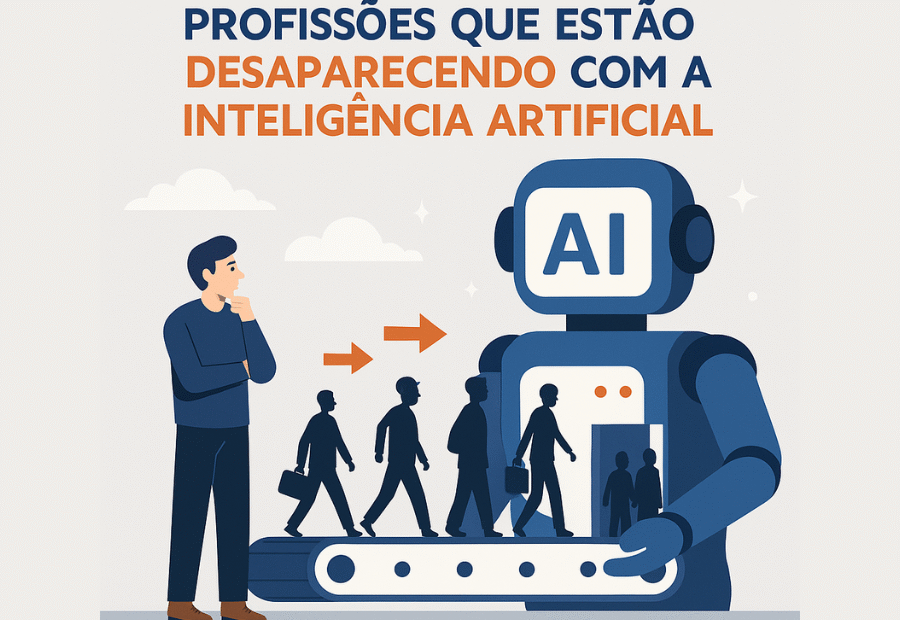 Ilustração digital mostrando o impacto da inteligência artificial em profissões tradicionais, com elementos visuais que representam robôs e trabalhadores humanos lado a lado.