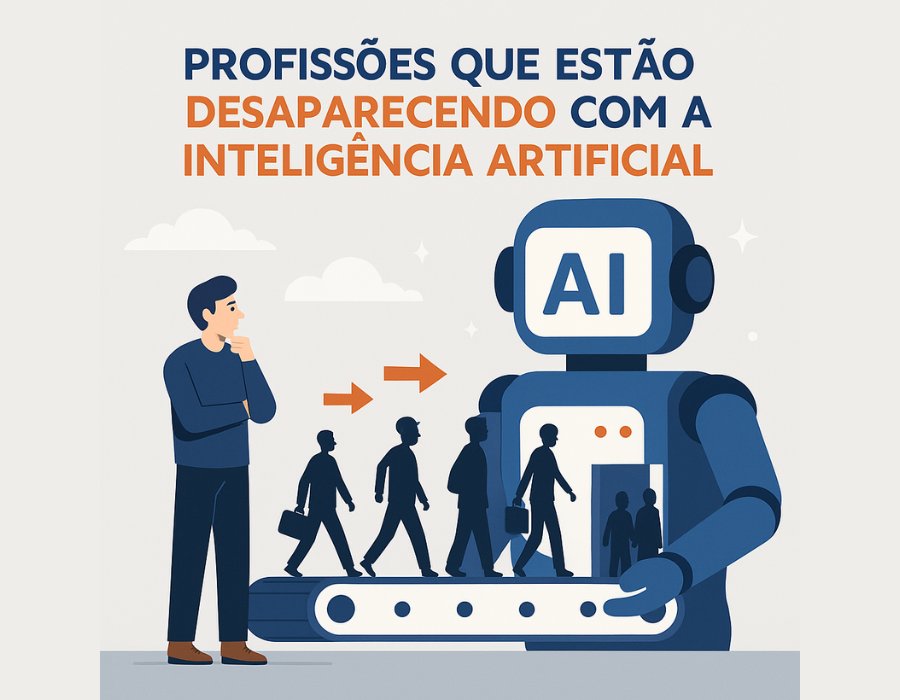 Ilustração digital mostrando o impacto da inteligência artificial em profissões tradicionais, com elementos visuais que representam robôs e trabalhadores humanos lado a lado.