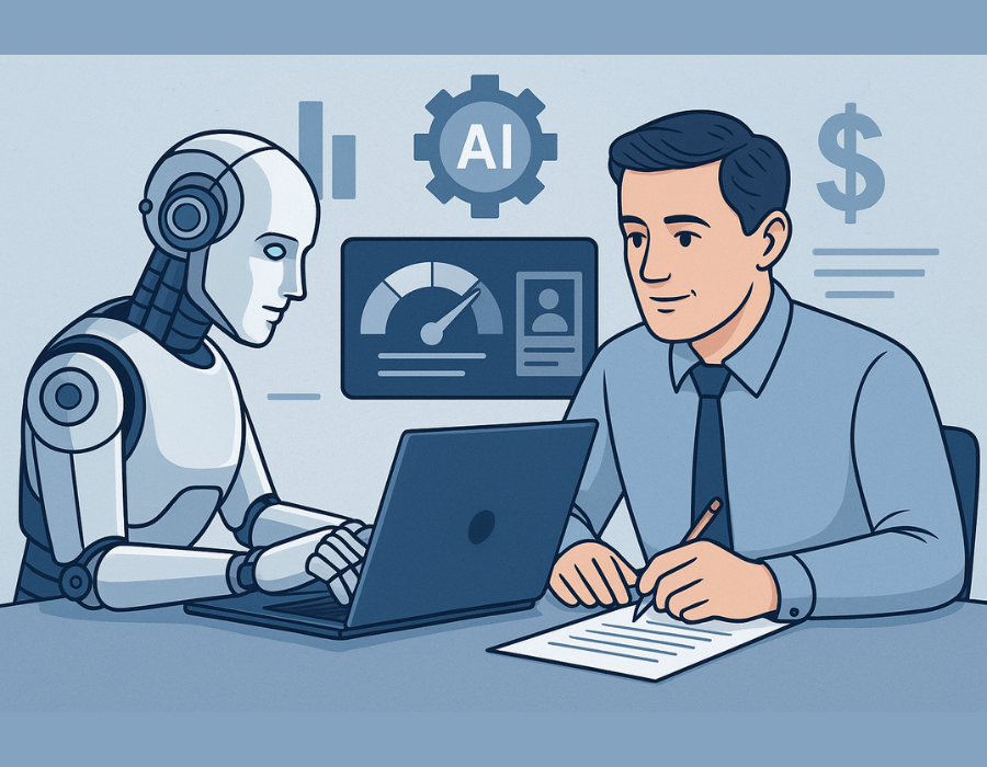 Ilustração de uma inteligência artificial analisando dados financeiros e substituindo o trabalho de um analista de crédito humano.