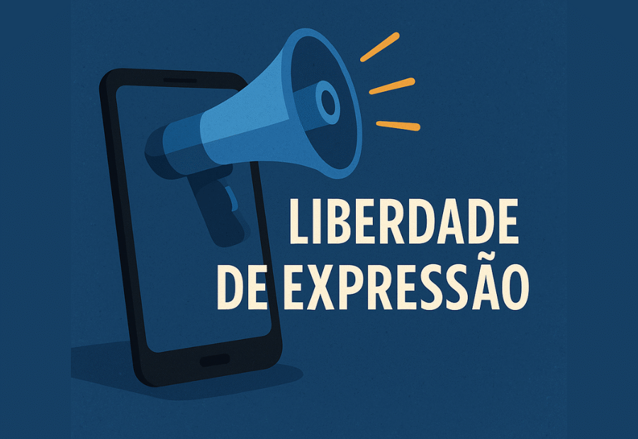 Ilustração de um megafone azul representando a liberdade de expressão na era digital, com fundo tecnológico e símbolos de redes sociais.