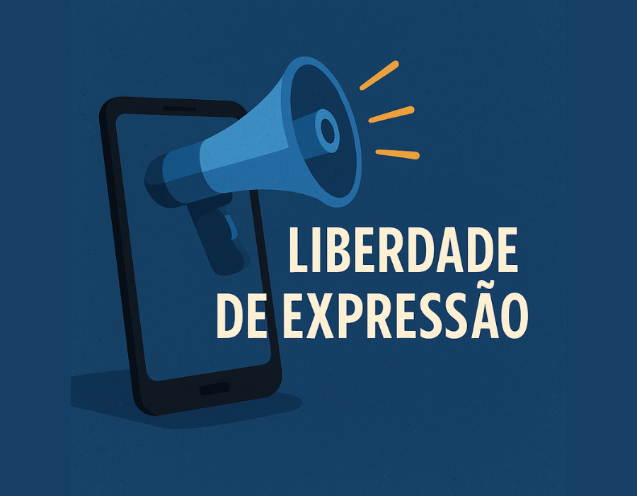 Ilustração de um megafone azul representando a liberdade de expressão na era digital, com fundo tecnológico e símbolos de redes sociais.