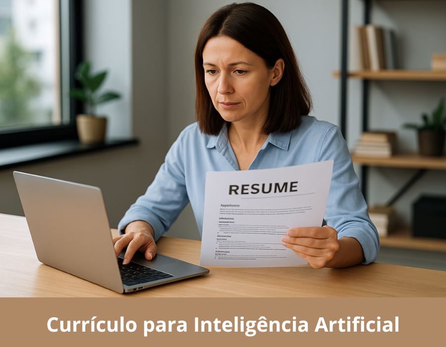 Mulher profissional de cerca de 40 anos criando currículo no notebook em 2025, adaptado para Inteligência Artificial.