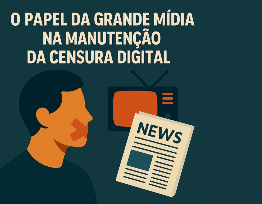 Ilustração digital mostrando jornais impressos e telas digitais lado a lado, representando a transição da mídia tradicional para as plataformas digitais e o impacto da imprensa na liberdade de expressão na era digital.
