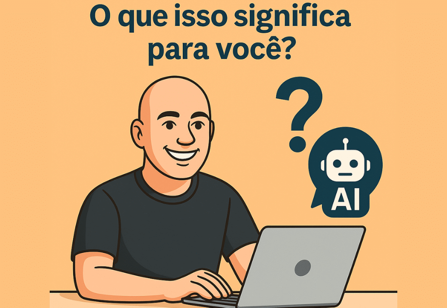 Ilustração em estilo flat de um homem sorridente usando um notebook, com a frase “O que isso significa para você?” ao lado e um ícone de IA, representando reflexão sobre o impacto e crescimento das vagas de emprego com inteligência artificial no mercado de trabalho.