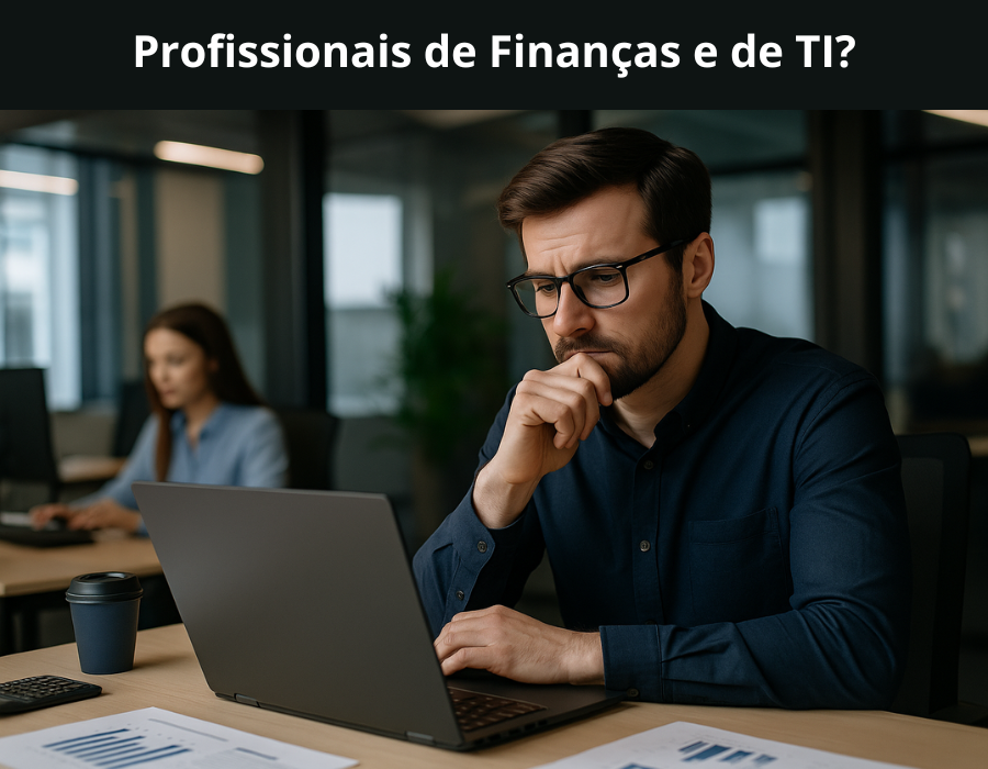 Homem preocupado analisando dados no laptop em escritório moderno, ilustrando profissionais de finanças e tecnologia diante dos desafios trazidos pela inteligência artificial.